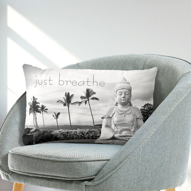 Hawaii Buddha Just Breathe Black and White Photo Lumbar Cushion (Creator Uploaded)
