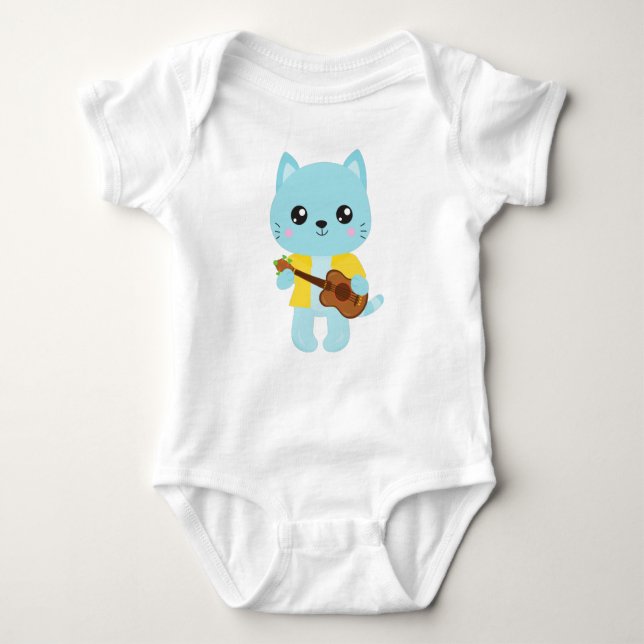 Hawaii Cat, Cute Cat, Blue Cat, Guitar, Luau Baby Bodysuit (Front)