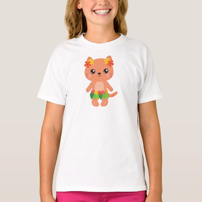 Hawaii Cat, Cute Cat, Orange Cat, Flowers, Luau T-Shirt (Front)