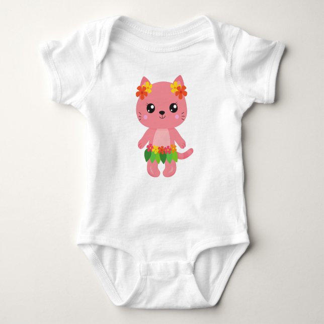 Hawaii Cat, Cute Cat, Pink Cat, Flowers, Luau Baby Bodysuit (Front)