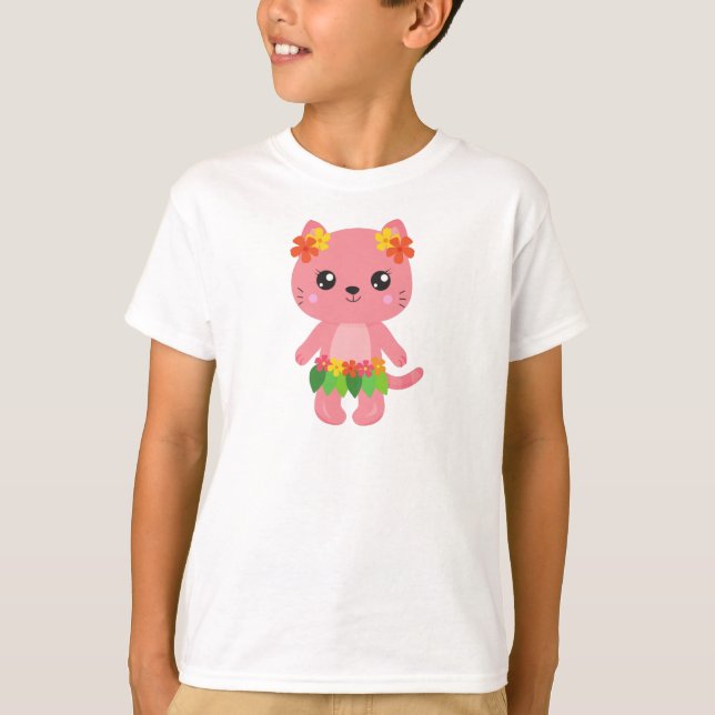 Hawaii Cat, Cute Cat, Pink Cat, Flowers, Luau T-Shirt (Front)