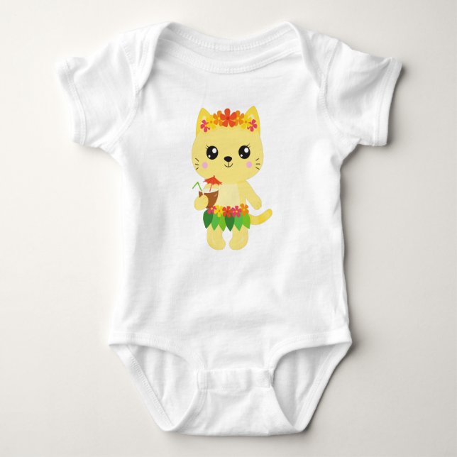 Hawaii Cat, Cute Cat, Yellow Cat, Flowers, Luau Baby Bodysuit (Front)