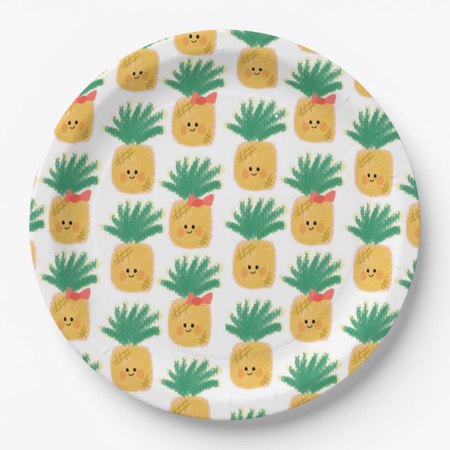Hawaii Cute Pineapples Tropical Birthday Paper Plate (Front)