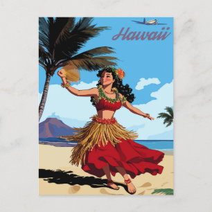 Hawaii, Dancing Hula Girl at the Beach, Travel Postcard