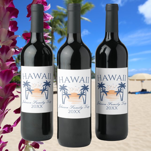 Hawaii Family Vacation Trip Wine Label (Three wine bottles with Hawaii family trip labels, set against a beach background with palm trees an)