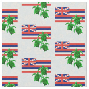 Hawaii Flag and Green Sea Turtles Floral Fabric