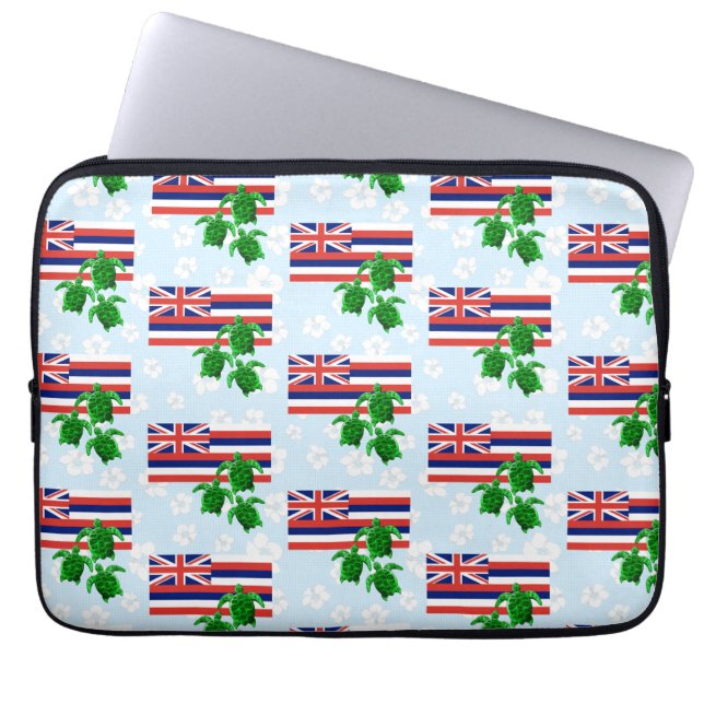 Hawaii Flag and Green Sea Turtles Floral Laptop Sleeve (Front)