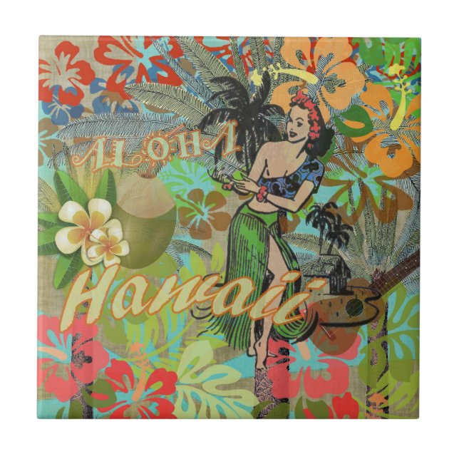 Hawaii Flower Hula Vintage Floral Graphic Ceramic Tile (Front)