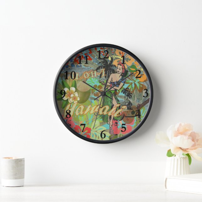 Hawaii Flower Hula Vintage Floral Graphic Clock (Home)