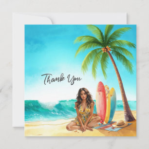 Hawaii Girl with Surf Board at the beach  Thank You Card