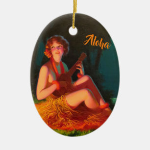 Hawaii Girl with Ukulele Ceramic Ornament