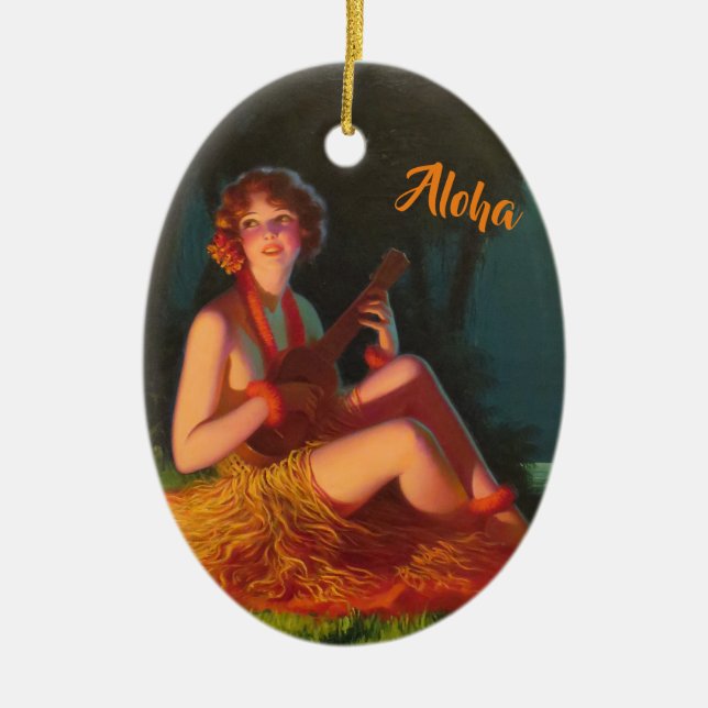 Hawaii Girl with Ukulele Ceramic Ornament (Front)