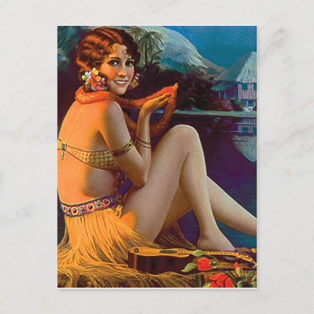 Hawaii, Hawaiian Pin-up Girl, vintage travel Postcard (Front)