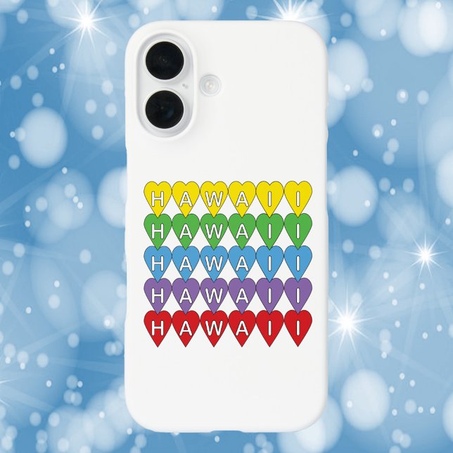 Hawaii Hearts Pattern Rainbow iPhone 16 Case (A phone case with a rainbow heart pattern that says Hawaii.)