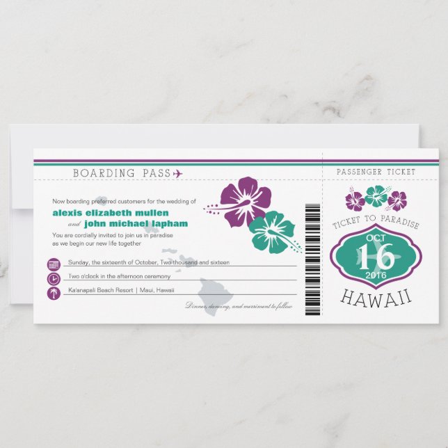 Hawaii Hibiscus Boarding Pass Wedding Invitation (Front)