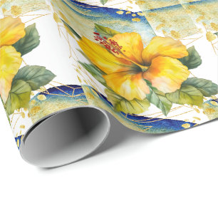 Hawaii Hibiscus Flower Yellow and Gold themed Wrapping Paper