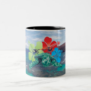 Hawaii Hibiscus Flowers and Turtle Two-Tone Coffee Mug