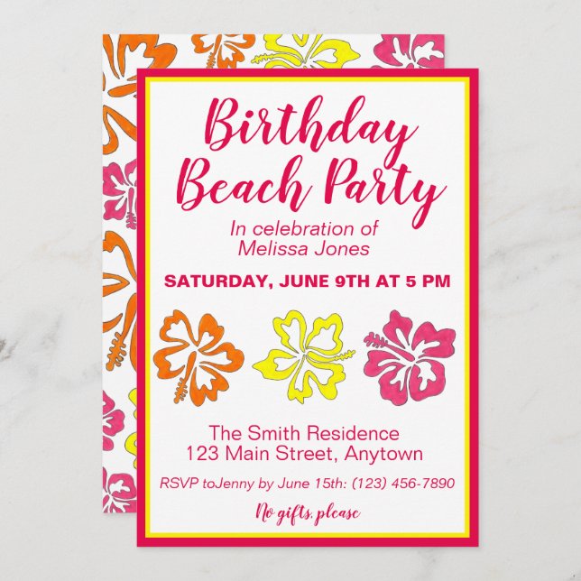 Hawaii Hibiscus Flowers Birthday Beach Party Luau Invitation (Front/Back)