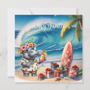 Hawaii Hippo celebrating Christmas at the beach Holiday Card