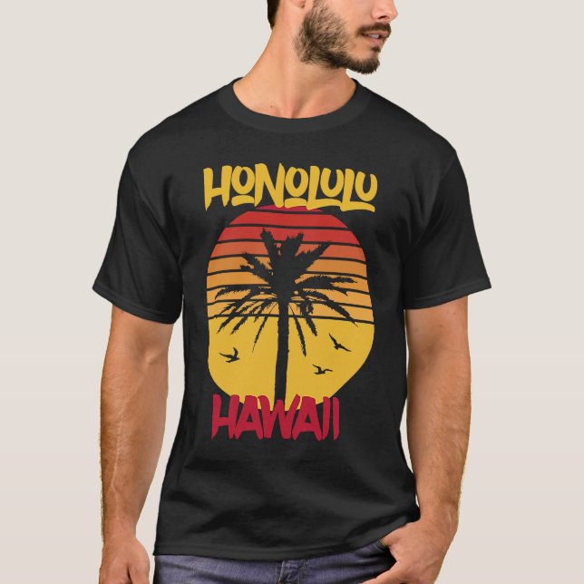 Hawaii Honolulu Palm trees Ocean Surfing T-Shirt (Front)