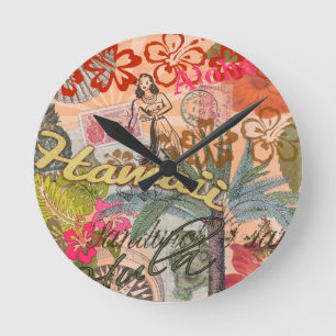Hawaii Hula Travel Flower Vintage Round Clock