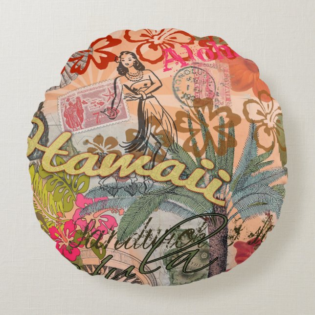 Hawaii Hula Travel Flower Vintage Round Cushion (Front)