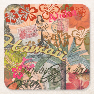 Hawaii Hula Travel Flower Vintage Square Paper Coaster