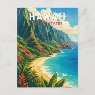 Hawaii Illustration Travel Art Vintage Postcard