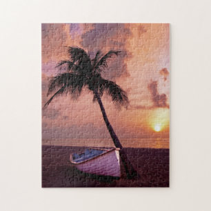 Hawaii Island Travel Beach Sunset Palm Tree Boat Jigsaw Puzzle