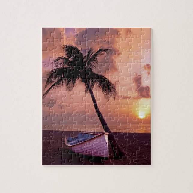 Hawaii Island Travel Beach Sunset Palm Tree Boat Jigsaw Puzzle (Vertical)