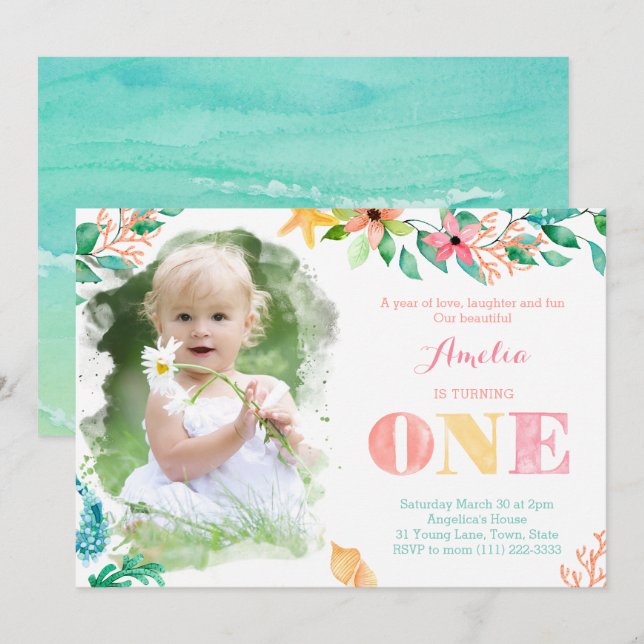 Hawaii Islands 1st Birthday Party for Girl Invitation (Front/Back)