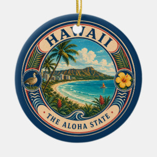 Hawaii Landscape Illustration Travel Art Badge Ceramic Ornament