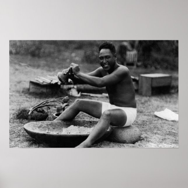 Hawaii - Man Pounding Taro to Make Poi Poster (Front)