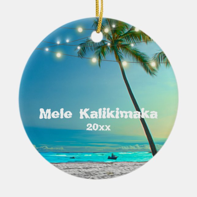 Hawaii Mele Kalikimaka Photo 2 Palms String Lights Ceramic Ornament (Front)