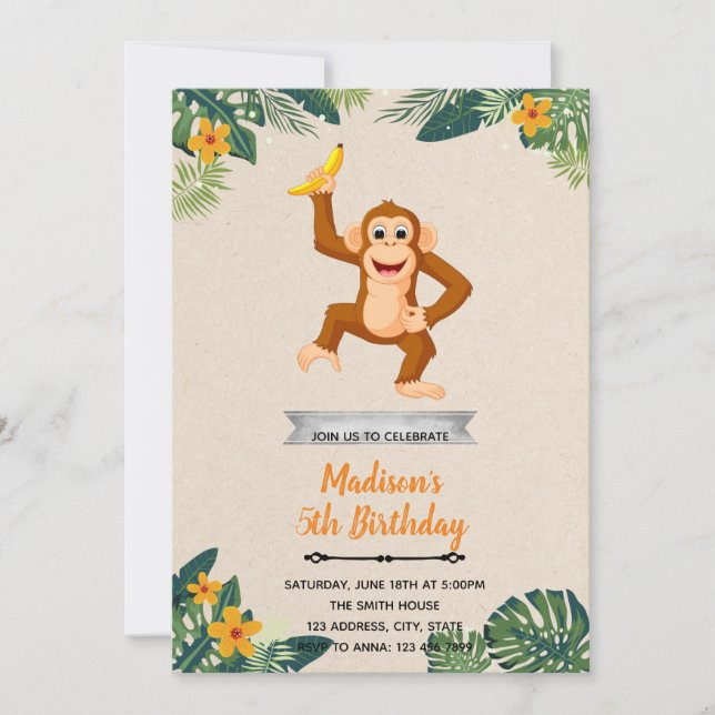Hawaii monkey birthday party invitation (Front)
