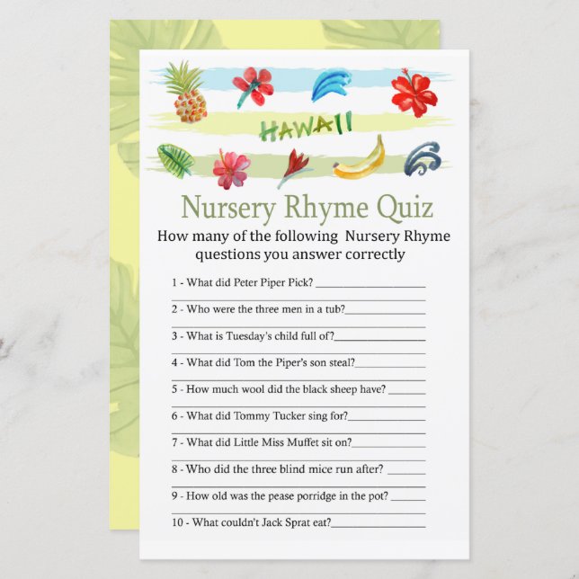 Hawaii Nursery Rhyme Quiz baby shower game (Front/Back)