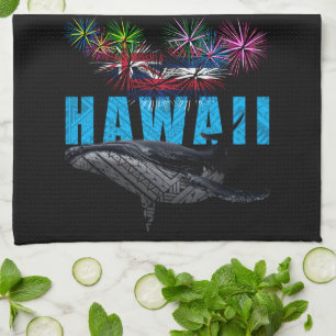 HAWAII NYE POLYNESIAN TRIBAL HUMPBACK FIREWORKS TEA TOWEL
