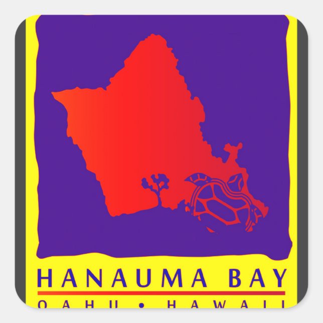Hawaii Oahu Island and Turtle Square Sticker (Front)
