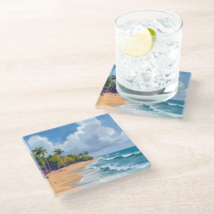 Hawaii Ocean Shore Watercolor Painting Beach Glass Coaster