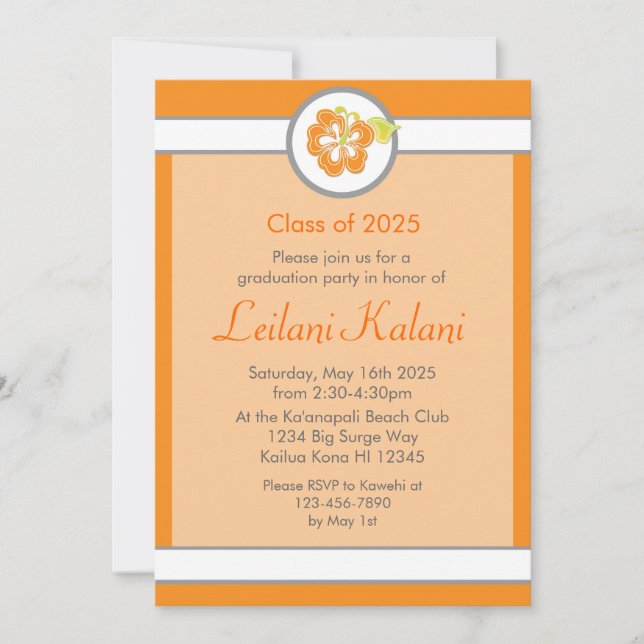 Hawaii orange theme hibiscus graduation invitation (Front)