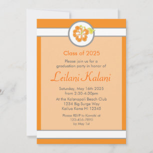 Hawaii orange theme hibiscus graduation invitation