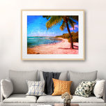 Hawaii Palm Tree Vintage Look Photo On Beach Time Poster<br><div class="desc">“On beach time.” Rewind back to memories of lazy, tropical beach days whenever you gaze at this Hawaii vacation retro, vintage, distressed poster print of a lone palm tree on a sandy, crescent beach, with clear turquoise blue skies and water. Great for any room in your house! You can easily...</div>