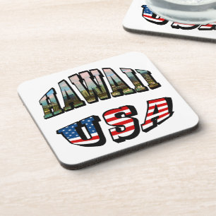 Hawaii Picture and USA Flag Text Coaster