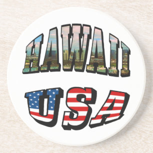 Hawaii Picture and USA Flag Text Coaster