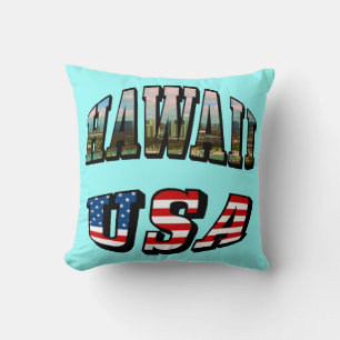 Hawaii Picture and USA Flag Text Cushion