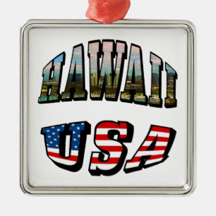 Hawaii Picture and USA Flag Text Metal Ornament