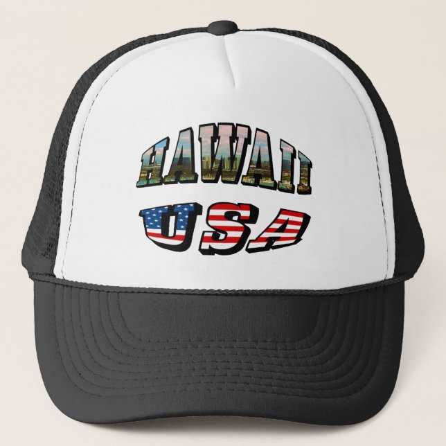Hawaii Picture and USA Flag Text Trucker Hat (Front)