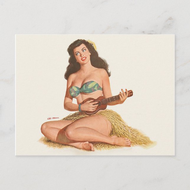 Hawaii pin-up girl plays small guitar, paint, art postcard (Front)