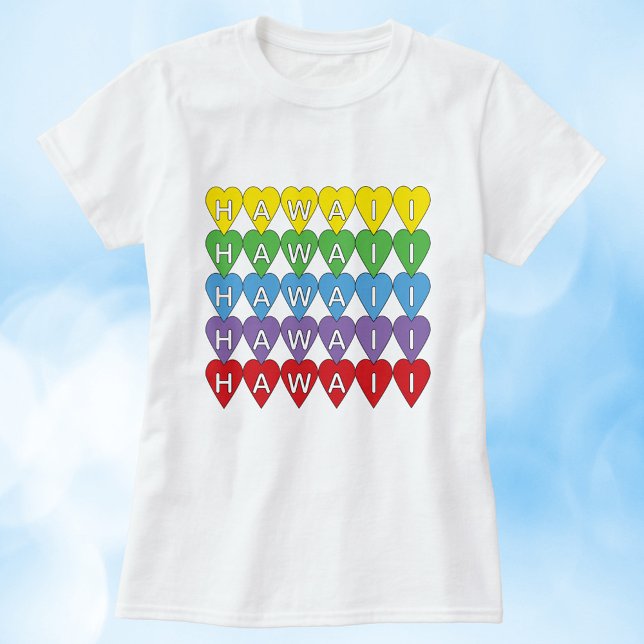 Hawaii Rainbow Hearts T-Shirt (A tshirt with a rainbow heart pattern that spells Hawaii.)