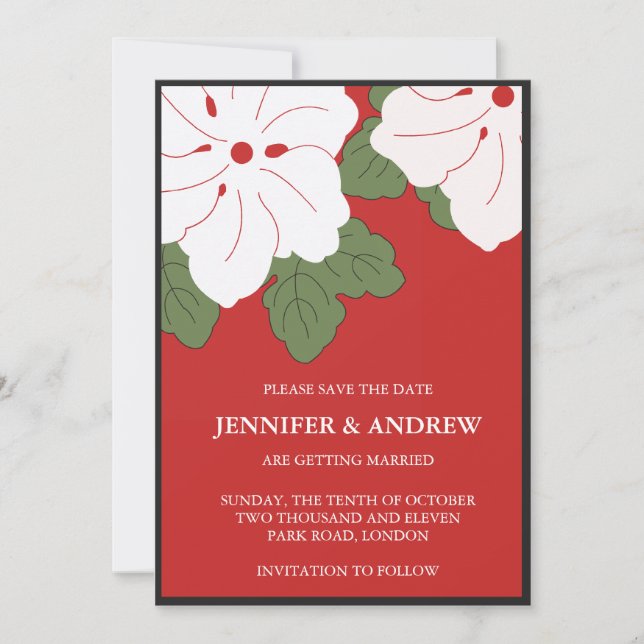 Hawaii Red Floral Save the date invites (Front)
